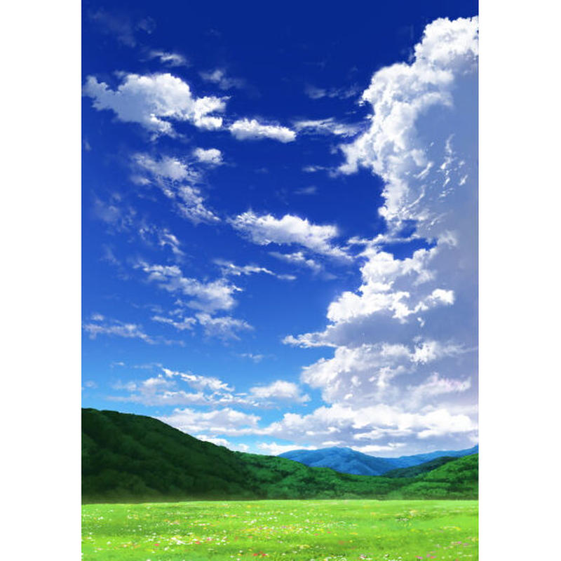 イラスト背景 合作 青空 縦長用06 山01 草原02 彩玉のpsd背景素材shop
