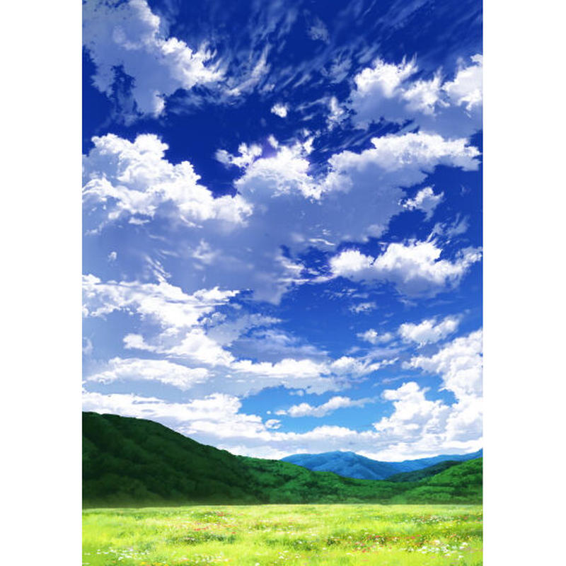 イラスト背景 合作 青空 縦長用08 山01 草原05 彩玉のpsd背景素材shop