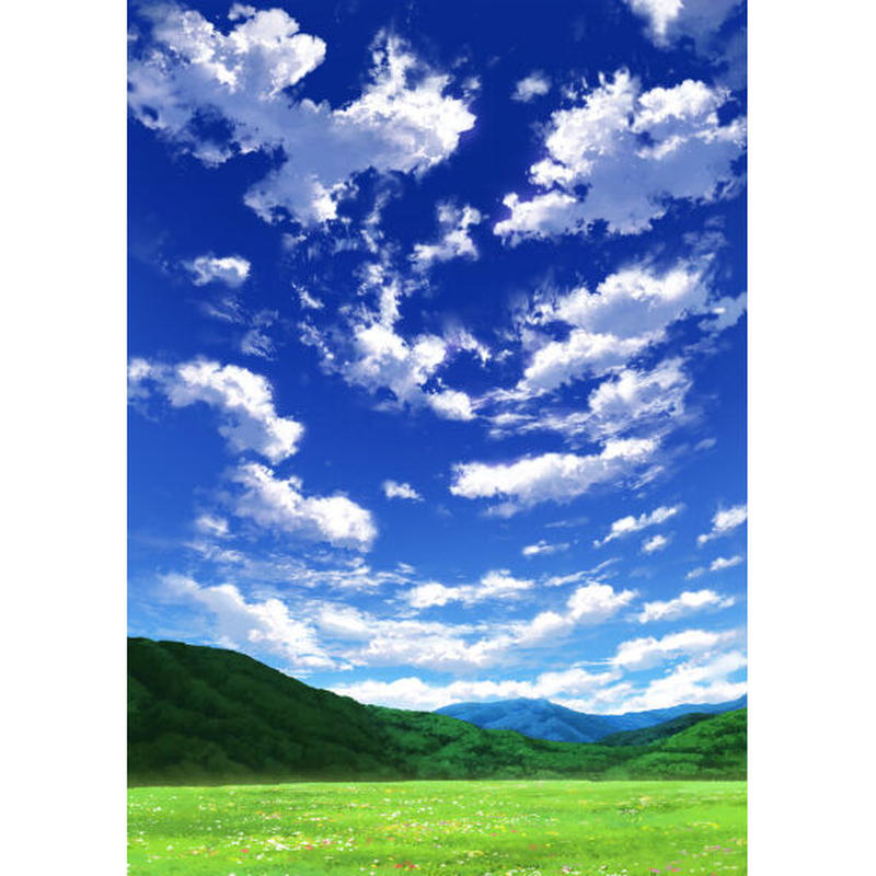 イラスト背景 合作 青空 縦長用07 山01 草原02 彩玉のpsd背景素材shop