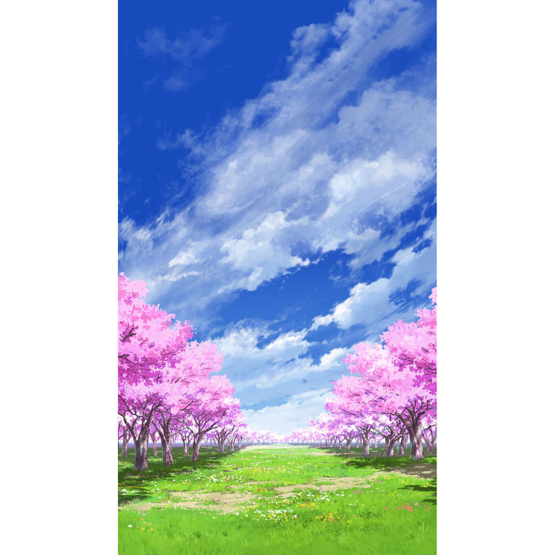 イラスト背景 合作 青空 縦pan用05 桜04 草原02 彩玉のpsd背景素材shop