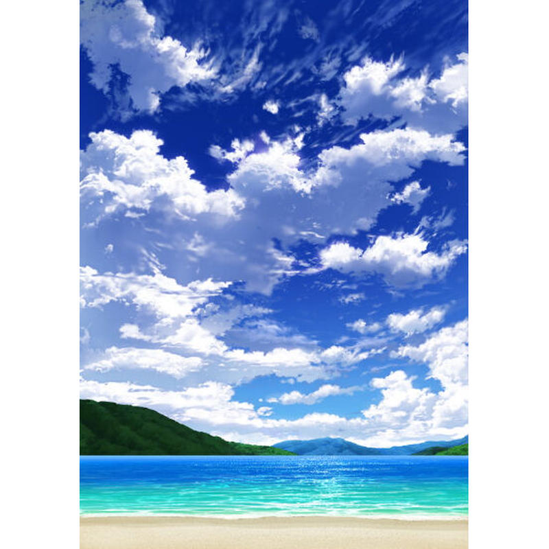 イラスト背景 合作 青空 縦長用08 山01 海06 彩玉のpsd背景素材shop