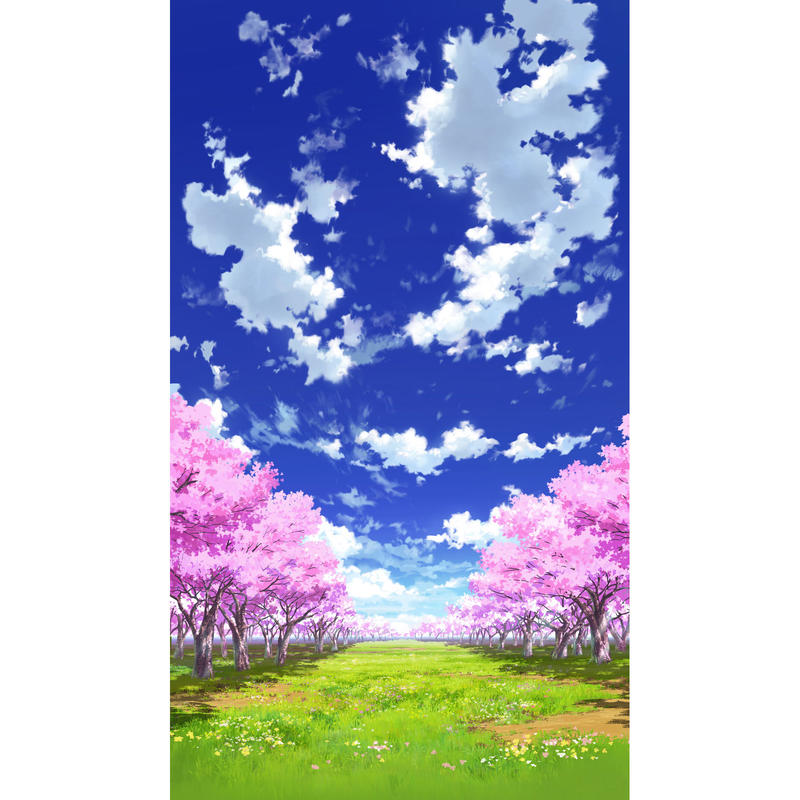 イラスト背景 合作 青空 縦pan用04 桜04 草原03 彩玉のpsd背景素材shop