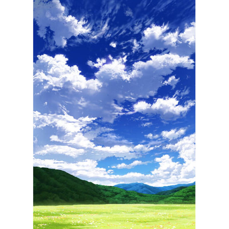 イラスト背景 合作 青空 縦長用08 山01 草原04 彩玉のpsd背景素材shop