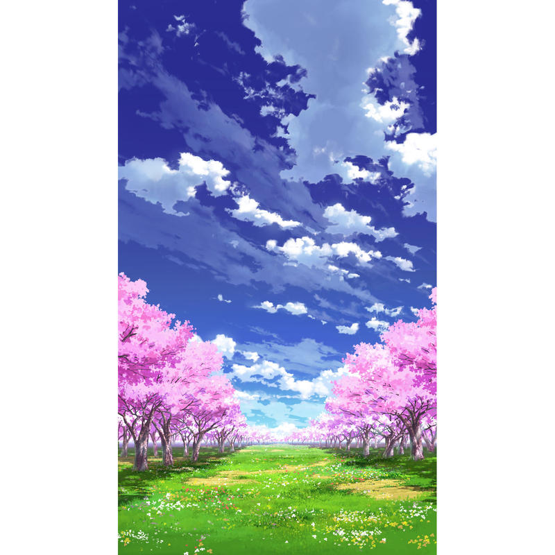 イラスト背景 合作 青空 縦pan用03 桜04 草原01 彩玉のpsd背景素材shop