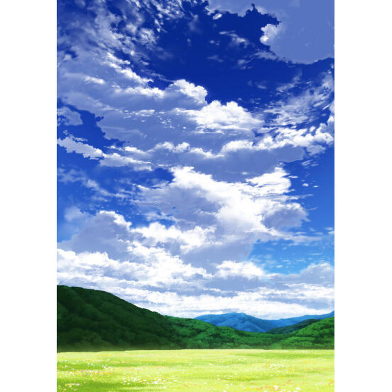 イラスト背景 合作 青空 縦長用09 山01 草原04 彩玉のpsd背景素材shop