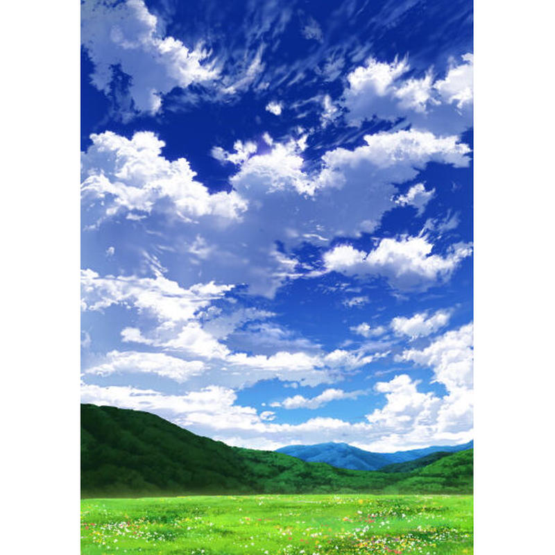 イラスト背景 合作 青空 縦長用08 山01 草原01 彩玉のpsd背景素材shop