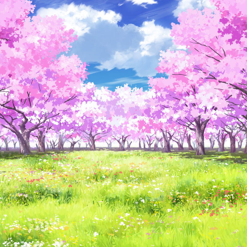 イラスト背景 合作 時差雲04 桜05 草原05 彩玉のpsd背景素材shop