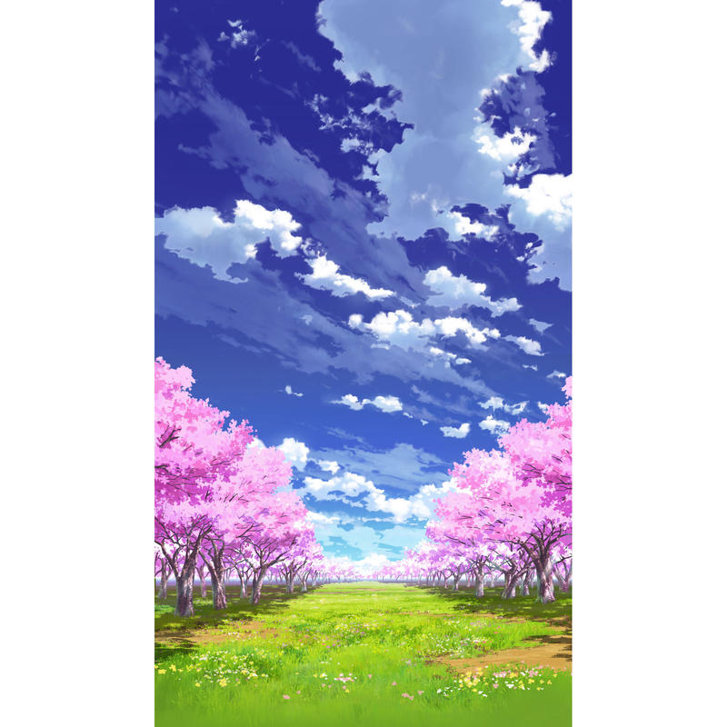 イラスト背景 合作 青空 縦pan用03 桜04 草原03 彩玉のpsd背景素材shop