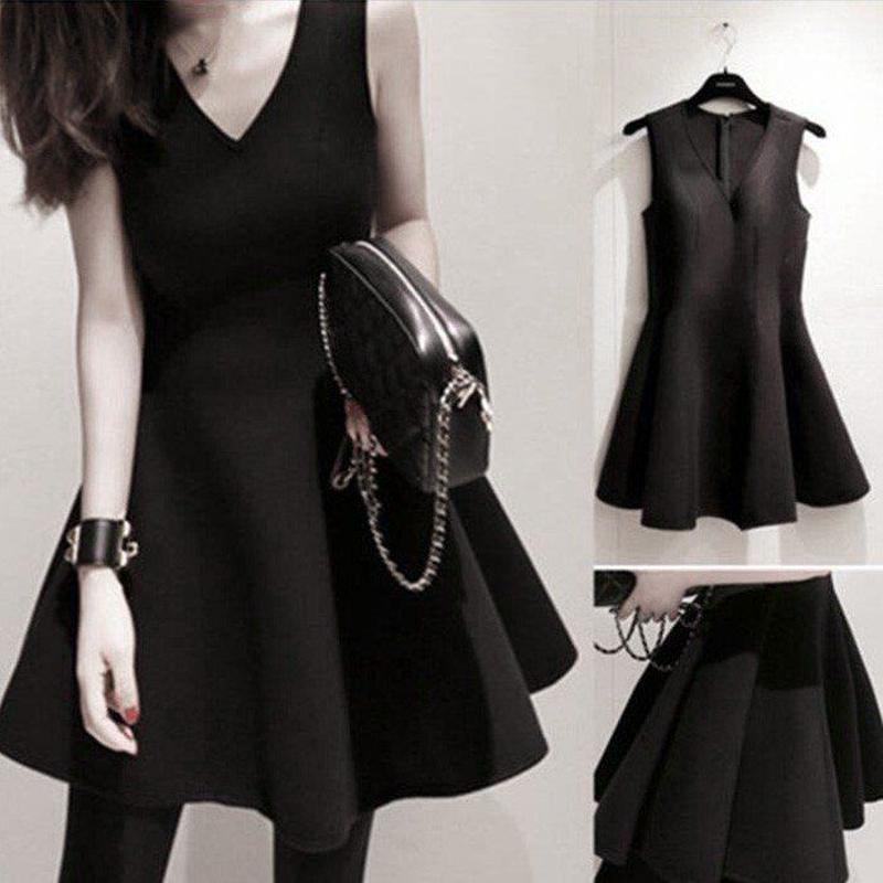 ワンピース Aラインワンピ フレア ミニ丈 Vネック ノースリーブ ブラック シンプル フォー