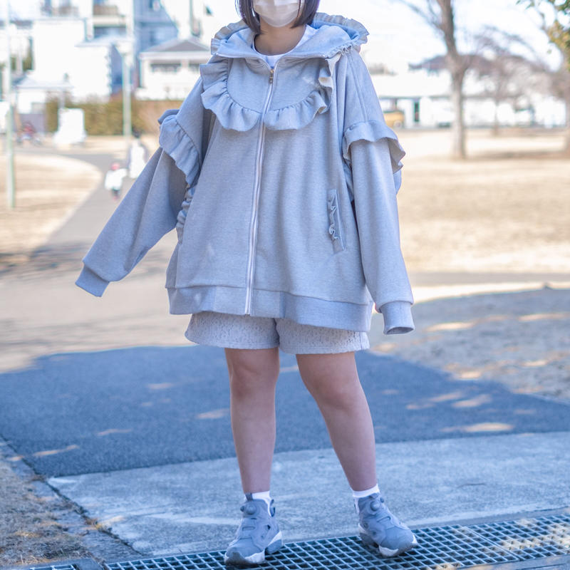 satoi フリルハイネックパーカー gray blue