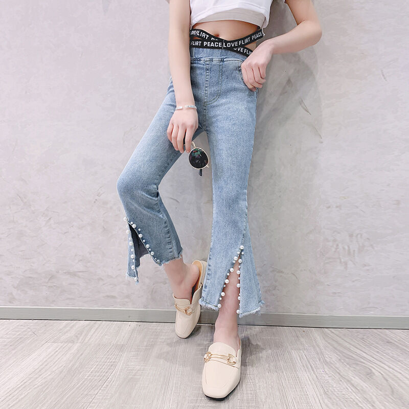 再入荷☺︎kids【110-160】パール付スリットデザインデニムパンツ#1015
