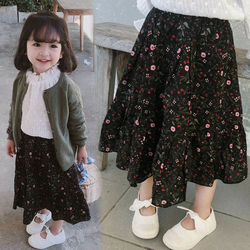 Kids 小花柄 ﾛﾝｸﾞ丈 ｽｶｰﾄ ﾌﾞﾗｯｸ 25 Smilekids888