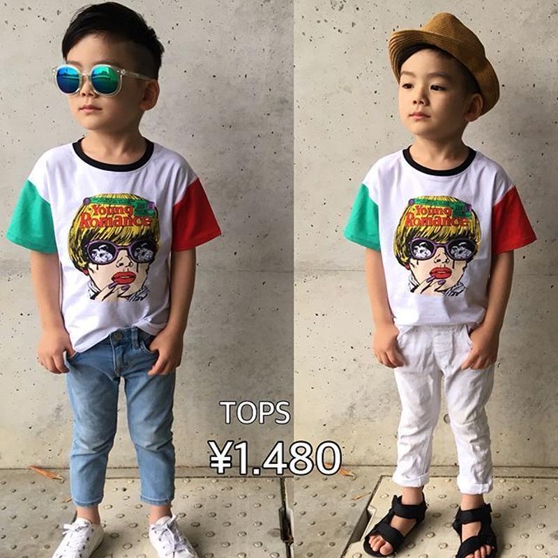 再入荷 Kids兼用ok 袖ｶﾗｰ違いﾌﾟﾘﾝﾄﾄｯﾌﾟｽ ﾎﾜｲﾄ Smilekid