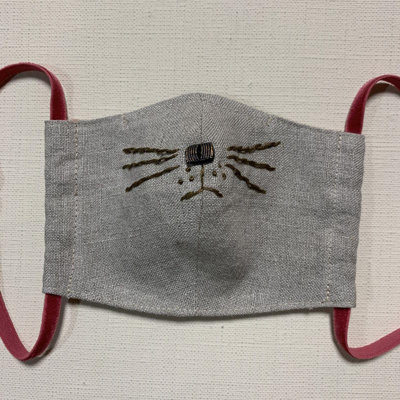 ニャンマスク 子供用 刺繍 オリーブ ヒモ ピンク Smilin In The Suns