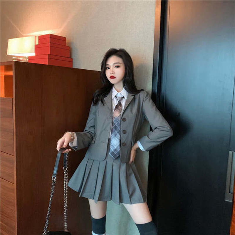 ファッション女性スーツ新 3 個長袖シャツ ネクタイ ブレザー スカートセット学生