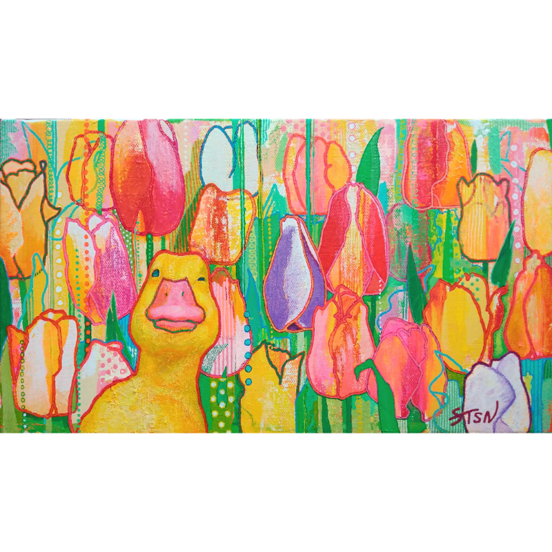 原画 並び咲くチューリップとお茶目なアヒルの子 ねっことひげ