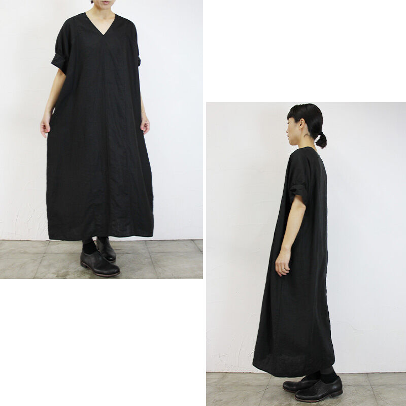 homspun ホームスパン NEWリネンバイオVネックワンピース #ブルー、ブラック 【送料無料】 買い安い リネン ワンピース homspun ひざ丈ワンピース