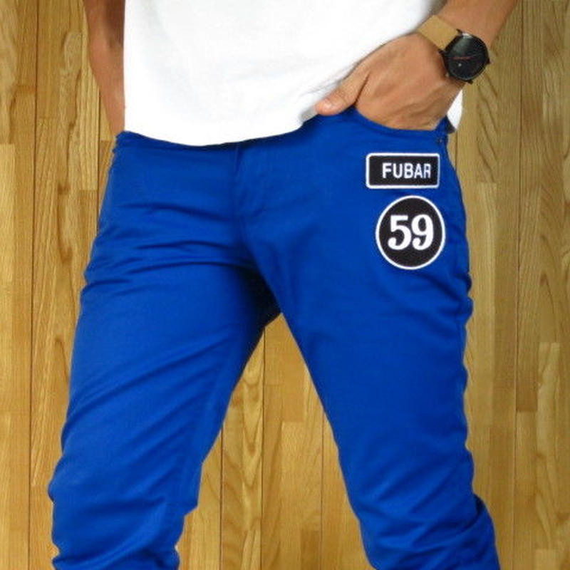 ワッペン付きスキニーパンツ青w30w32w34w36w38メンズsmlxlチノパンカラーパンツ