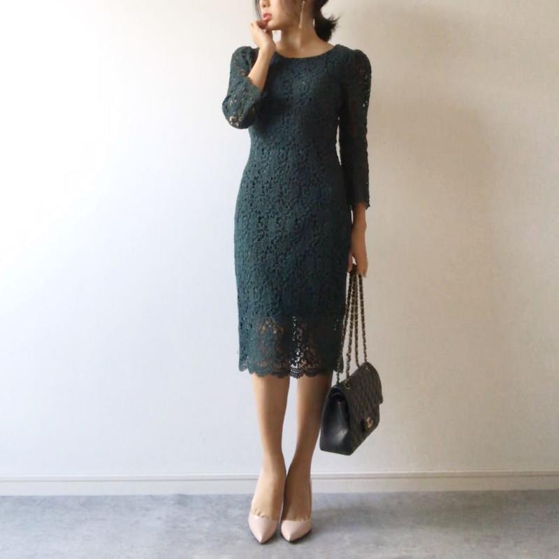 七分袖レースワンピース モスグリーン Vanilla Tiny