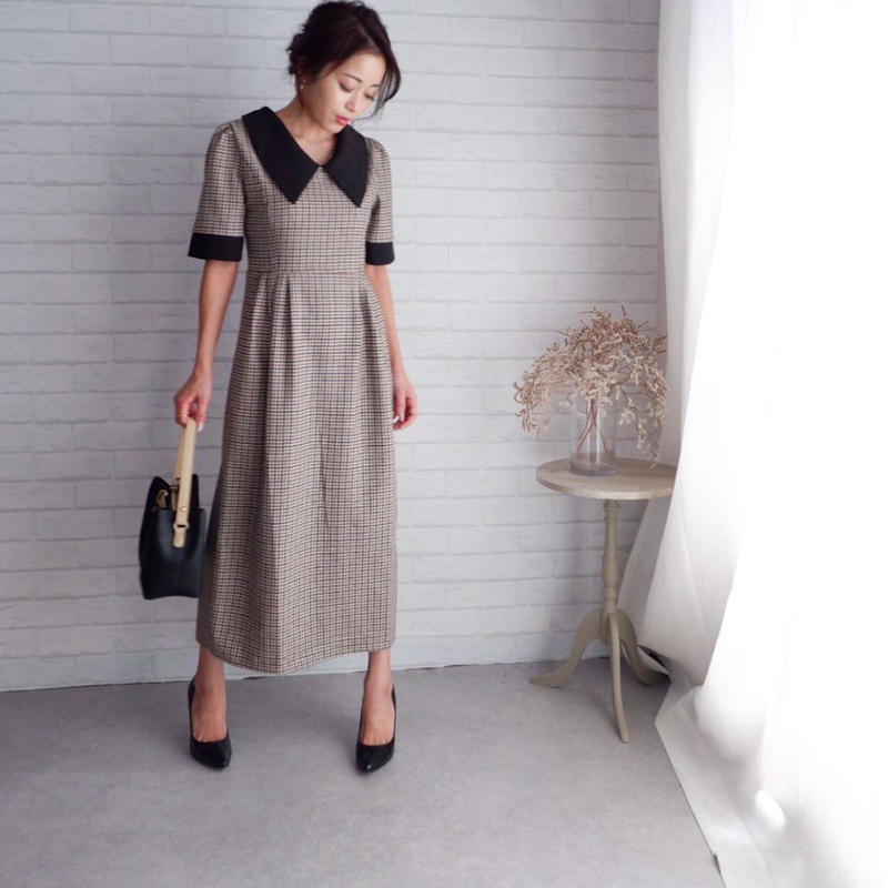 チェック柄襟付きワンピース Vanilla Tiny