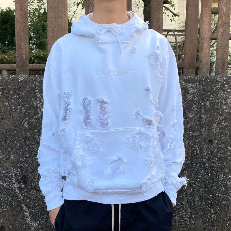 C.E cavempt PLAGUE HEAVY HOODY ダメージ加工 C.E (Cav EMPT) Zip Hoodie Plague Wide RIB Cut Hoody L Cotton