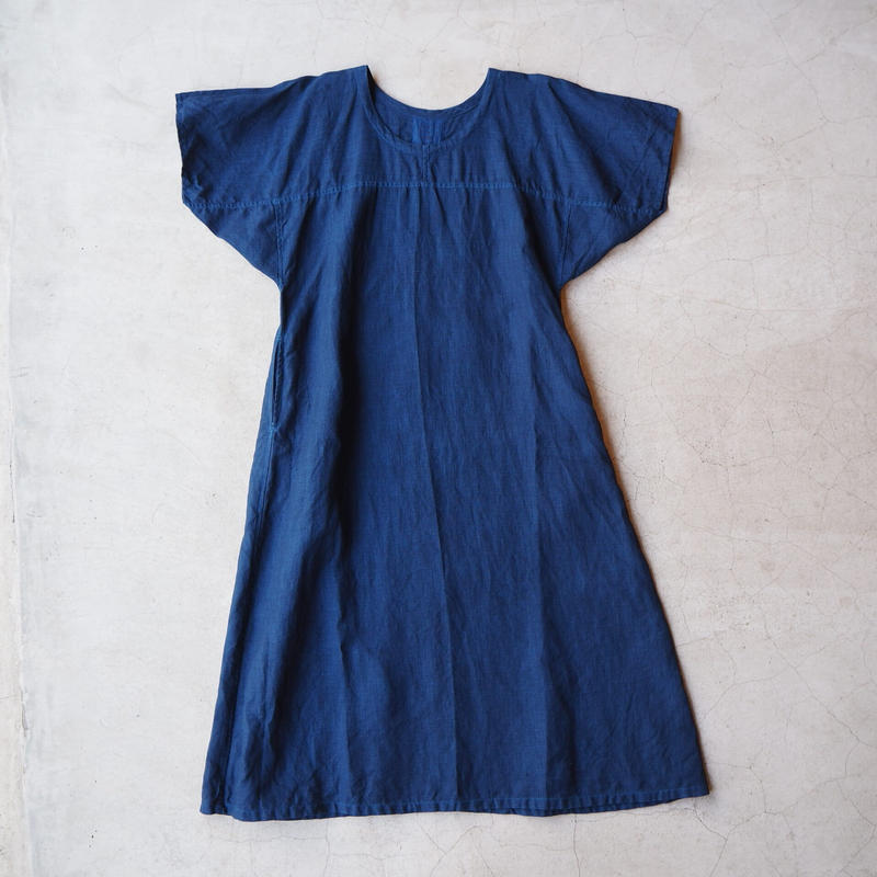 近江麻もじり袖ワンピース Uネック 藍染 中 Mサイズ Toi Designs On