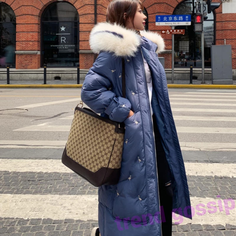 フードファー付きフラミンゴ刺繍中綿ロングコート アウター 3色展開 S Xxl 19aw