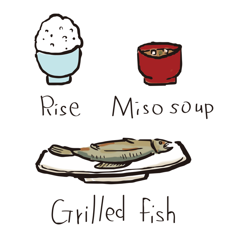 ダウンロード素材 手書き風 イラスト 魚 ご飯 味噌汁 ベクターデータ Ai Png画像