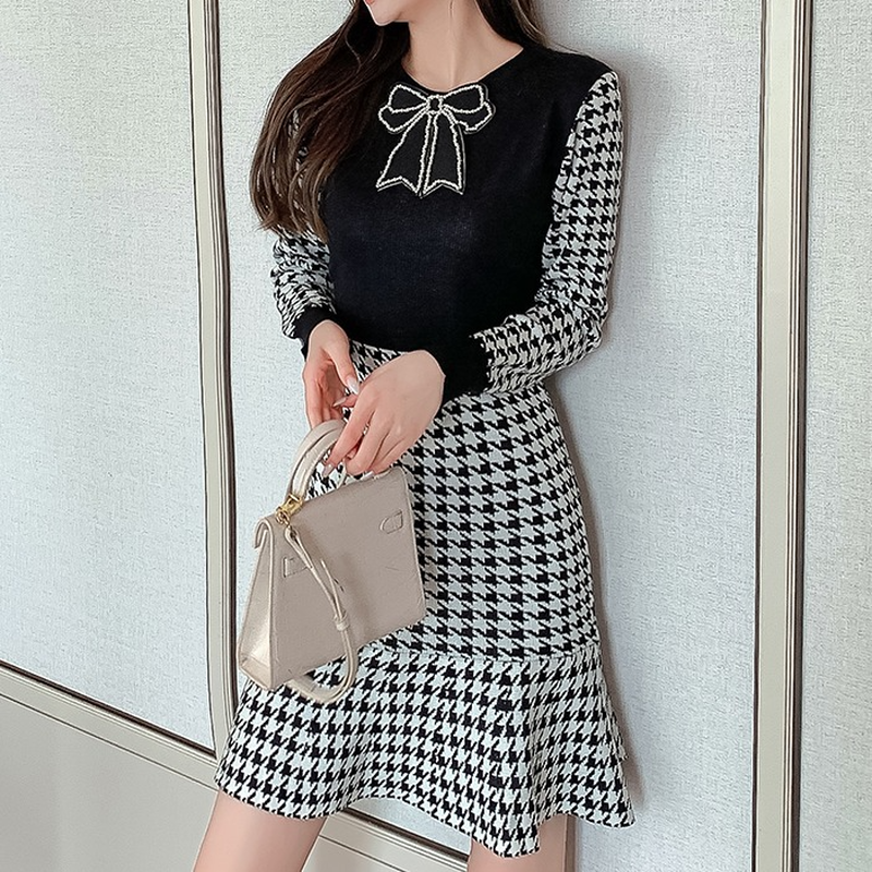 韓国服リボンロゴデザイン千鳥柄ワンピース24cm 7 可愛い服量産型服通販24cm
