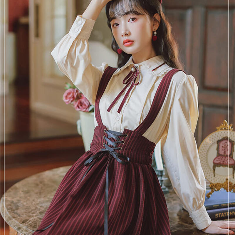 レースカラーボウタイシャツ コルセットストライプスカート 1051 可愛い服量産型服通販2