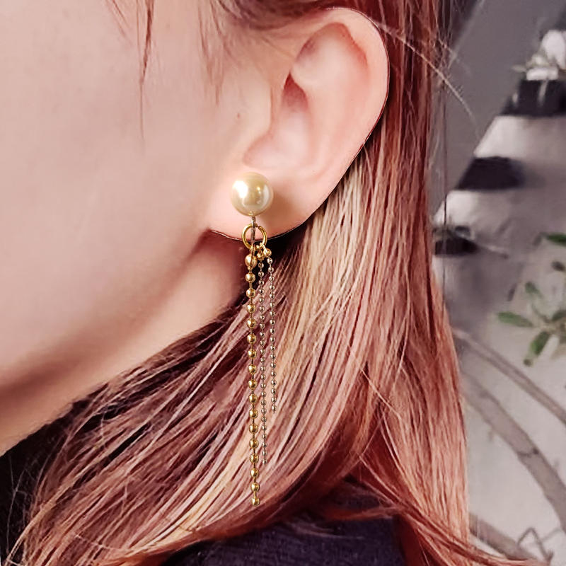 ロングパールボールチェーンイヤリング イヤカフにも Praying Mantis