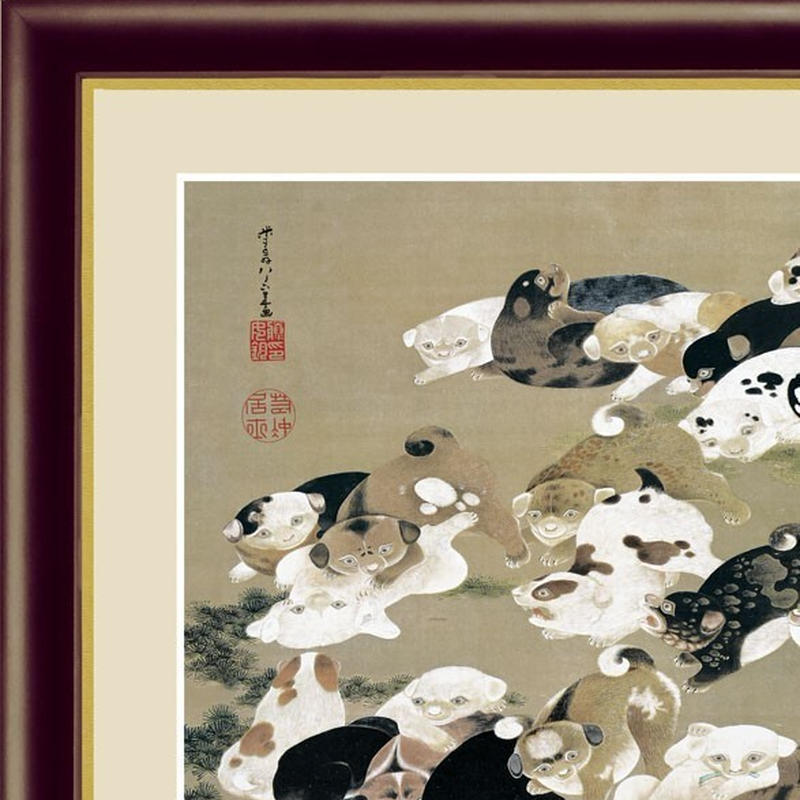 伊藤若冲 百犬図 F6号 額外寸52ｘ42cm 高精彩工芸画 手彩入り 木製額付き 複製