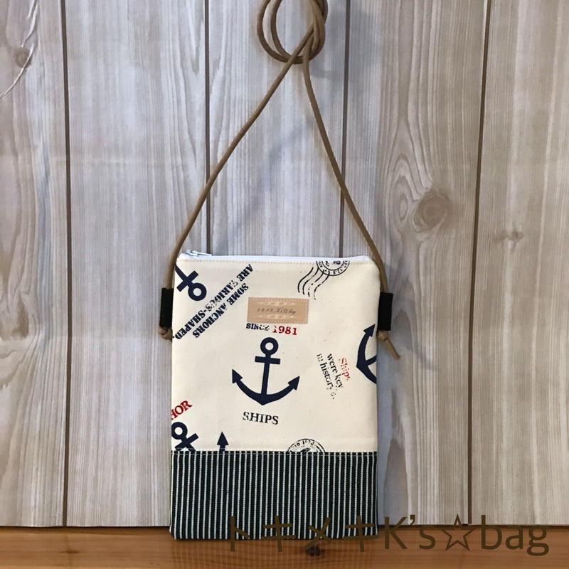 白マリン柄 携帯用ポシェット ハンドメイド トキメキk ｓ Bag