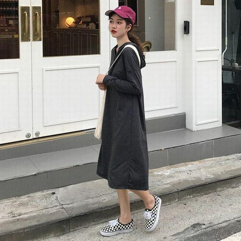 ダークグレー Mサイズ ワンピース フード付きワンピ ロンt カジュアル カジュアルコーデ 無