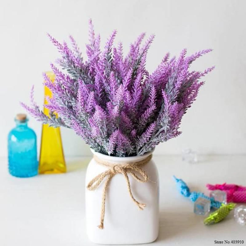 25 ヘッド ブーケロマンチックなプロヴァンスための緑の葉と造花 紫ラベンダーの花束ホームパー
