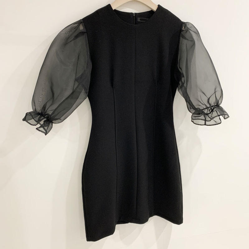 ボリューム袖 シンプルストレートミニ丈ワンピース Black Yukinostores 大