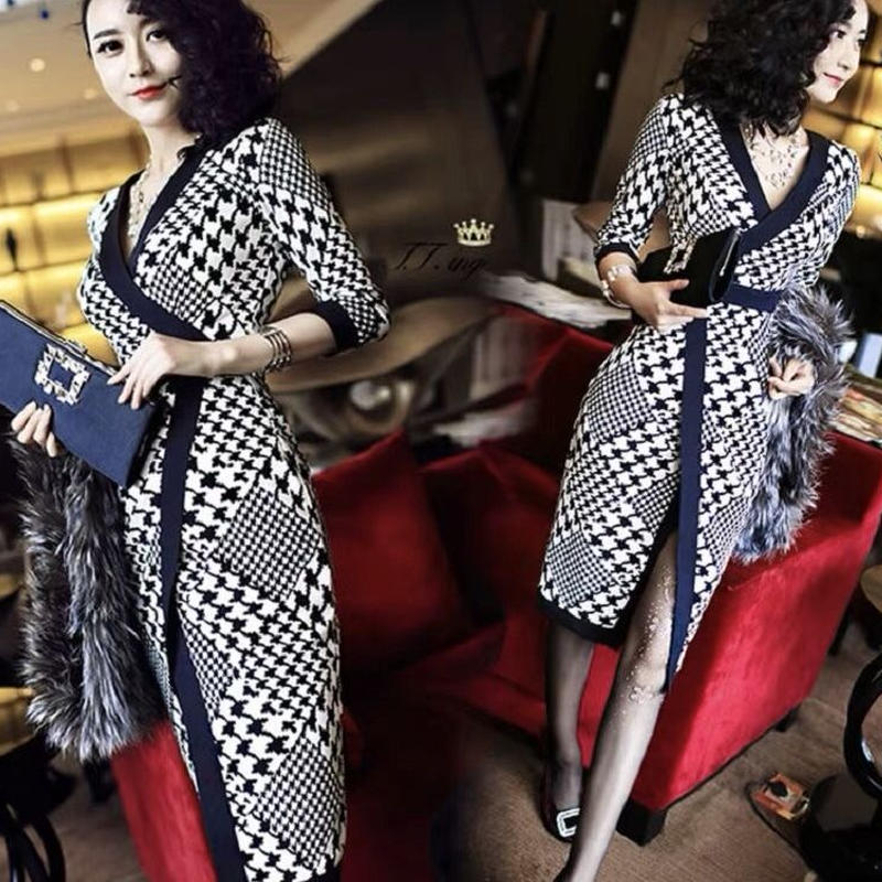 千鳥柄 スタイリッシュ 膝丈ワンピース セクシー 春夏新作 Yukinostores 大人