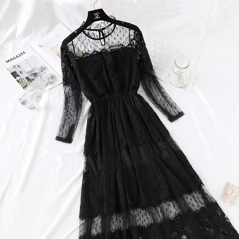 レース ワンピース ロングスカート 長袖 シースルー Yukinostores 大人cas