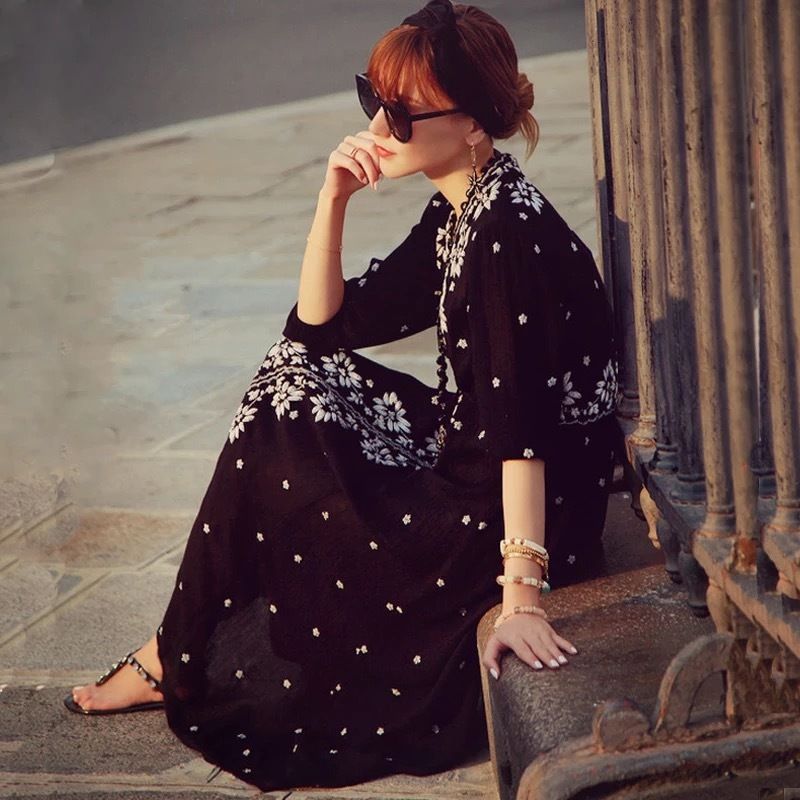 人気 ボヘミアン風 リゾート 綿麻 マキシドレス Vネック 3color Yukinost