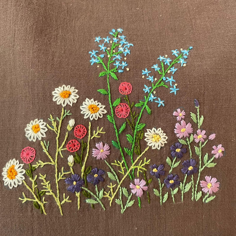 ハンドメイド刺繍巾着紫陽花 茶色 茶色ギンガム Zakka Hanon