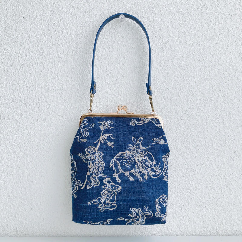 数量限定】 鳥獣戯画 がま口バッグ ハンドメイド バンブーバッグ 和柄