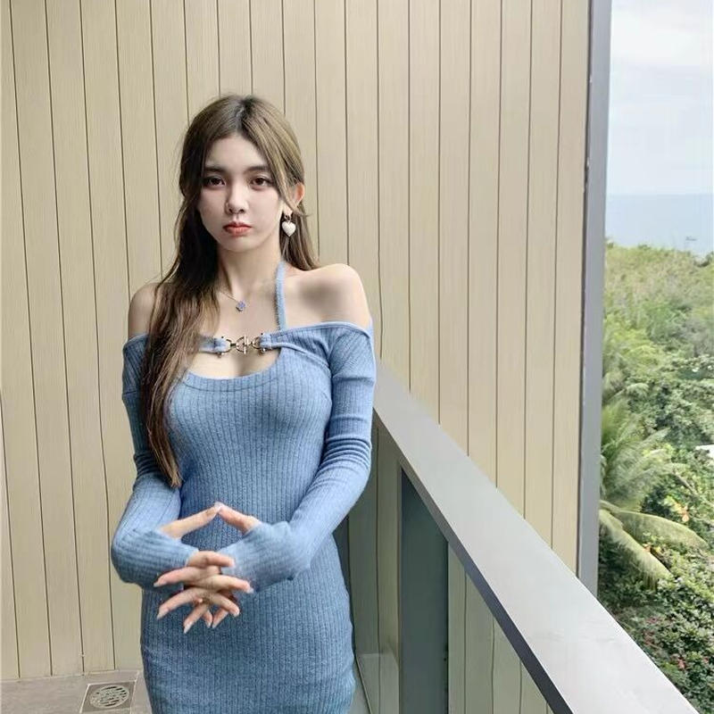 セクシーな首かけノースリーブの肩出しワンピース Pushing 22