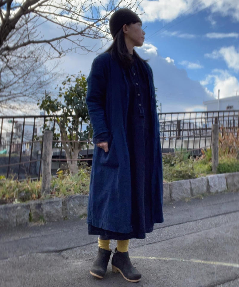 ノラふくリネンワンピース濃藍染 40号 わずか 萌蘖 Hougetsu