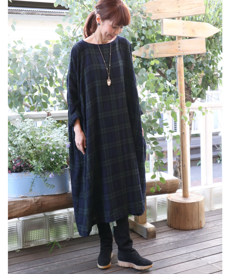 Ichi ウールガーゼチェックワンピース Amilily S Store