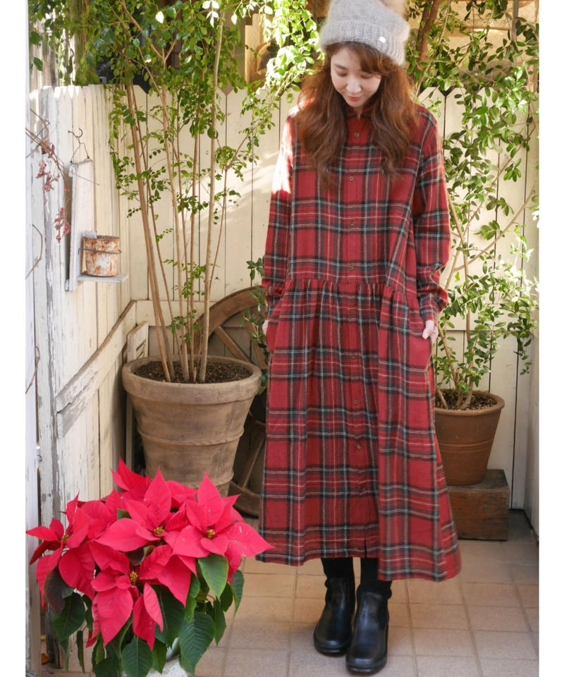 Ichi ウールガーゼチェックワンピース Amilily S Store