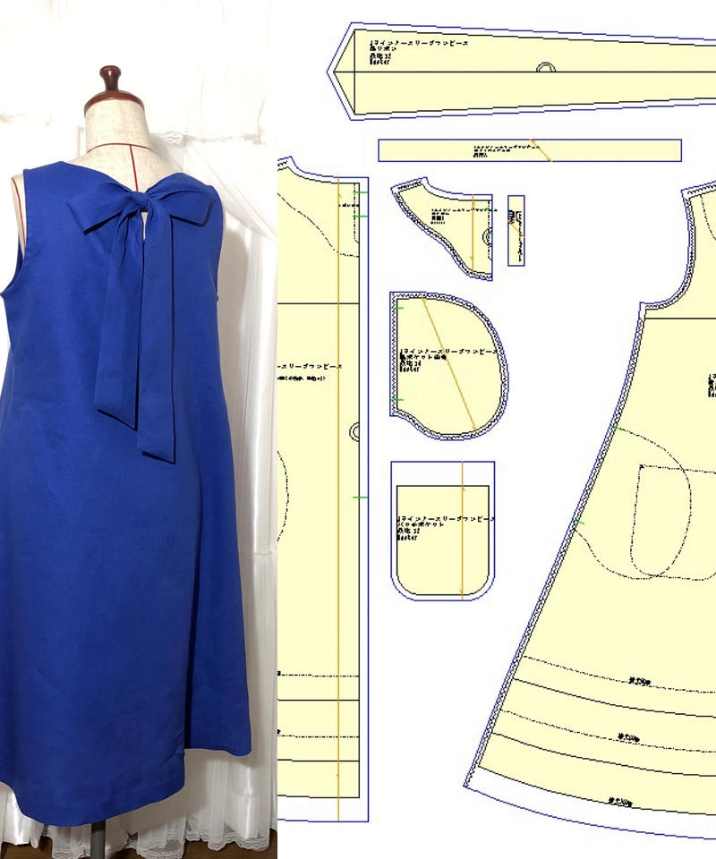 手作りワンピース作成キッド カラーリネン 後ろリボンのａラインワンピース のコピー A