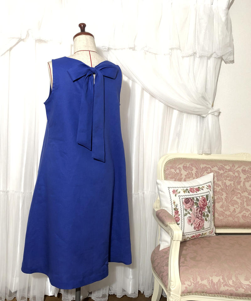 手作りワンピース作成キッド フレンチリネン 後ろリボンのａラインワンピース Atelie