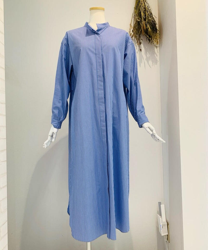 21春ご予約 バックフリルティアード ストライプシャツワンピース Blueonion