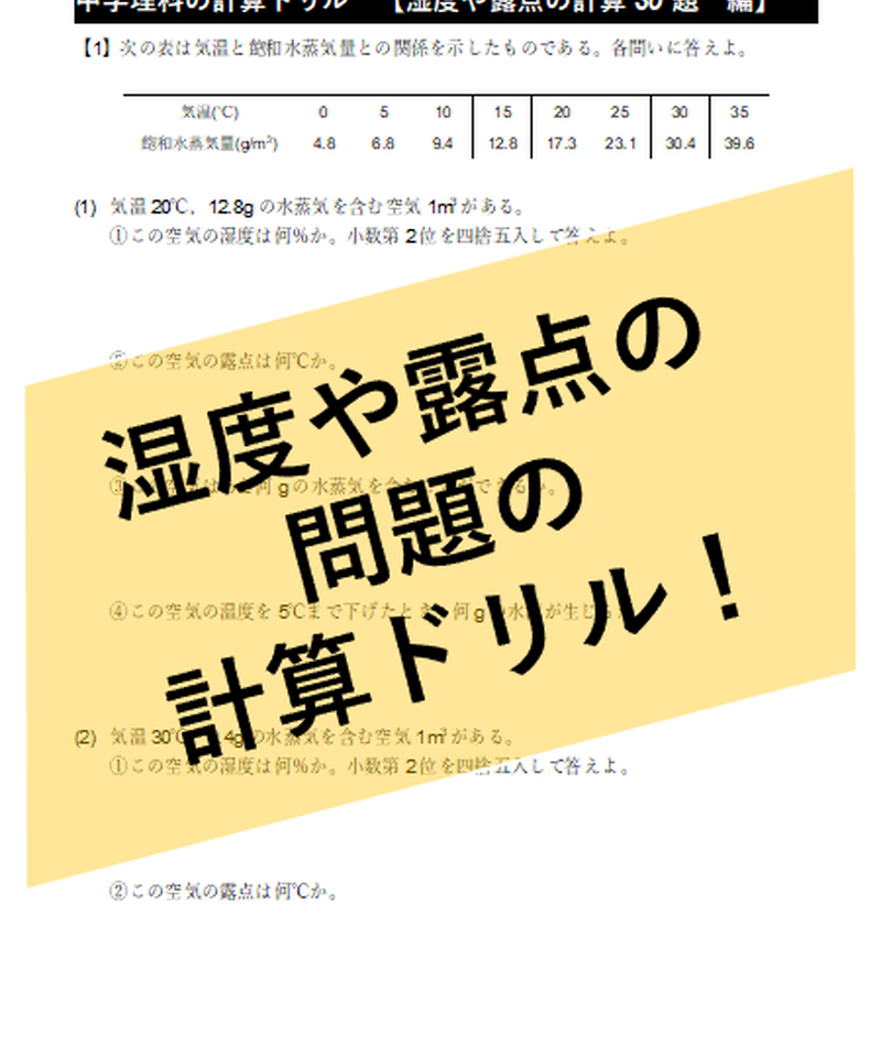 Pdf 湿度や露点の問題 計算ドリル30題 中学理科ポイントまとめと整理 オンラインショップ