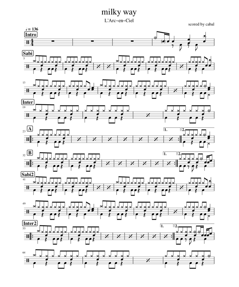 Milky Way L Arc En Ciel ドラム譜面 Drums Score